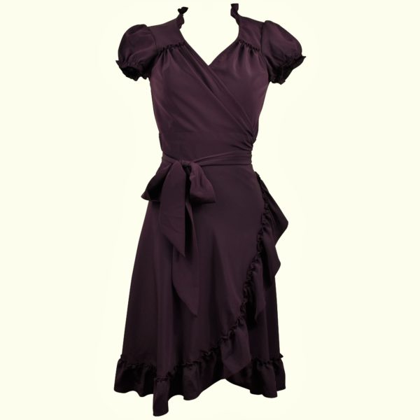 Siren Clothing 40's vintage-inspired wrap dress with frilled hem in plain deep plum fabric