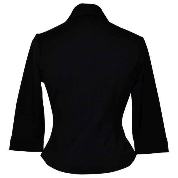 Siren Clothing 50's vintage inspired cropped fitted jacket in black stretch fabric, back view