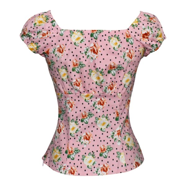 Siren Clothing 50's vintage inspired top in pale pink floral print stretch cotton fabric, back view