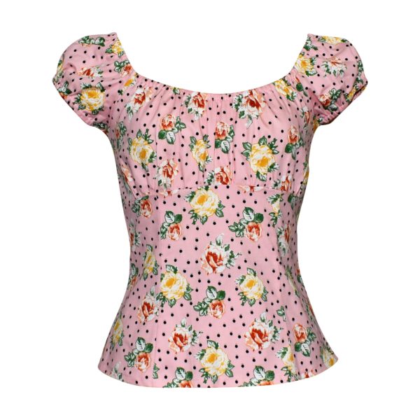 Siren Clothing 50's vintage inspired top in pale pink floral print stretch cotton fabric