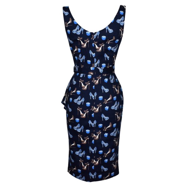 Siren Clothing 50's vintage inspired scoop neck wiggle dress in blue shoe print stretch cotton fabric, back view