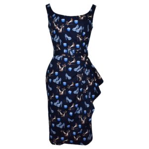 Siren Clothing 50's vintage inspired scoop neck wiggle dress in blue shoe print stretch cotton fabric