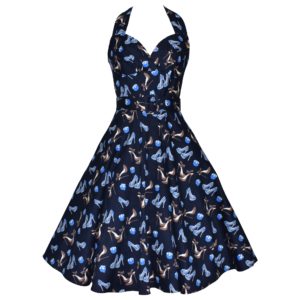 Siren Clothing 50's vintage inspired halter neck swing dress in blue shoe print stretch cotton fabric
