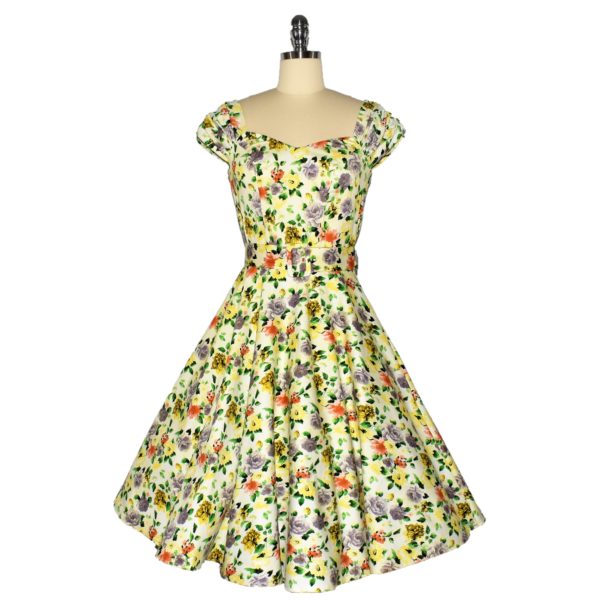 Siren Clothing 50's vintage-inspired swing dress with sweetheart neckline and ruched sleeves Front View