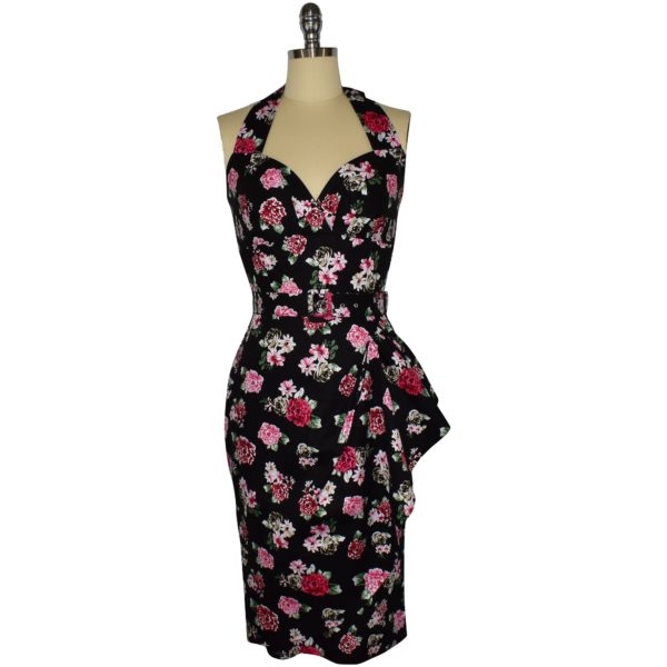 Siren Clothing 50's vintage-inspired halter neck sarong wiggle dress in black and pink floral print fabric