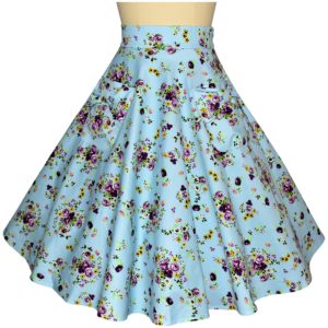 Siren Clothing 50's vintage-inspired swing skirt with large pockets in blue floral cotton spandex fabric