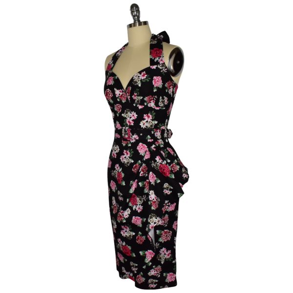 Siren Clothing 50's vintage-inspired halter neck sarong wiggle dress in black and pink floral print fabric, side view