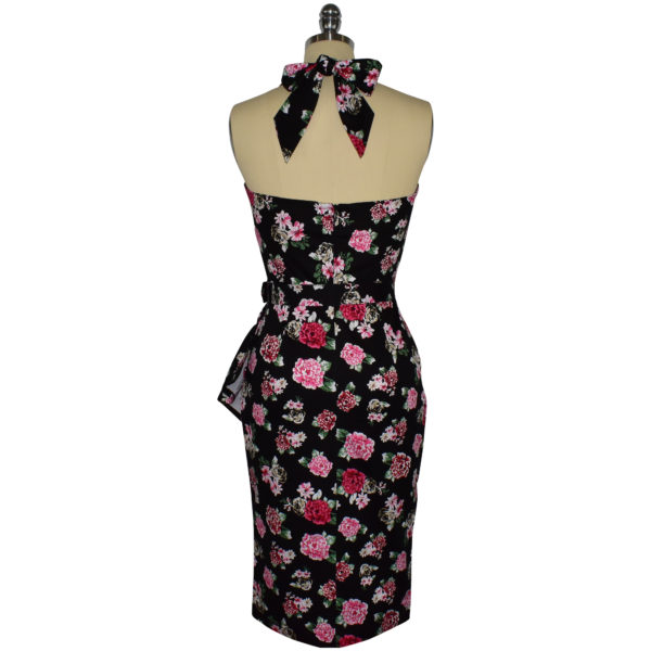 Siren Clothing 50's vintage-inspired halter neck sarong wiggle dress in black and pink floral print fabric, back view