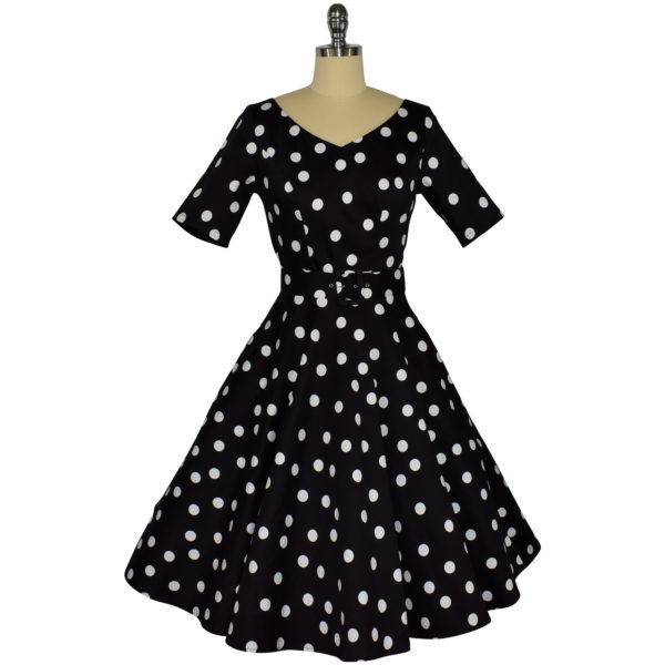 Siren Clothing 50's vintage-inspired swing dress with sleeves in black and white polka dot fabric