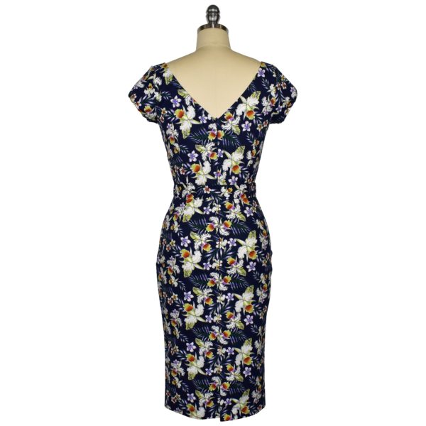 Paris Wiggle Dress with Cap Sleeves - Orchids on Navy - Image 2