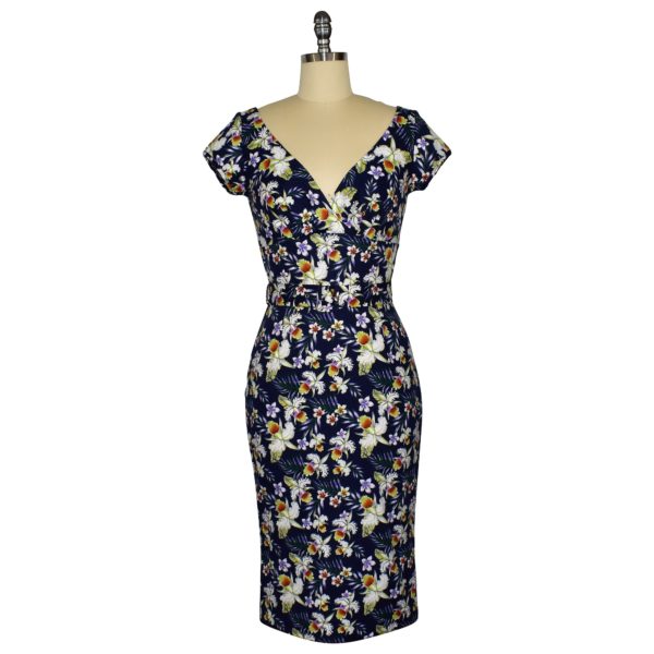 Paris Wiggle Dress with Cap Sleeves - Orchids on Navy