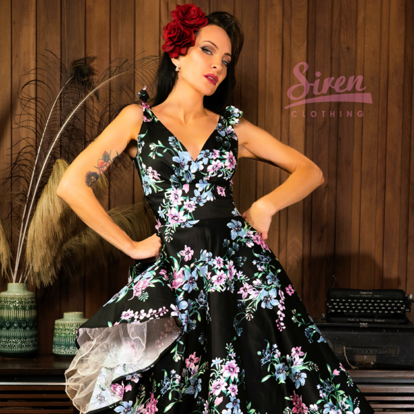 Riviera Swing Dress - Soft Floral on Black - Image 2
